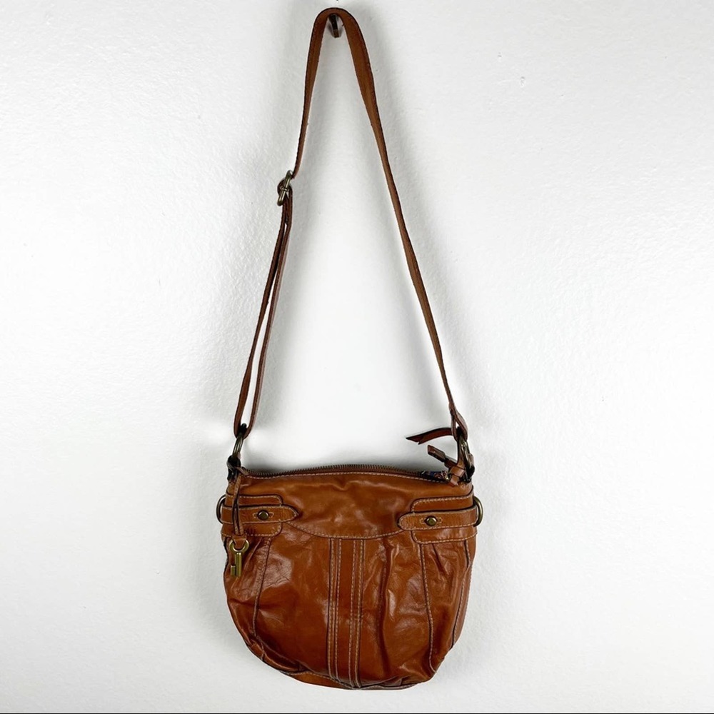 FOSSIL Brown Leather Stitched Adjustable Strap  Paisley Lined Shoulder Bag Boho